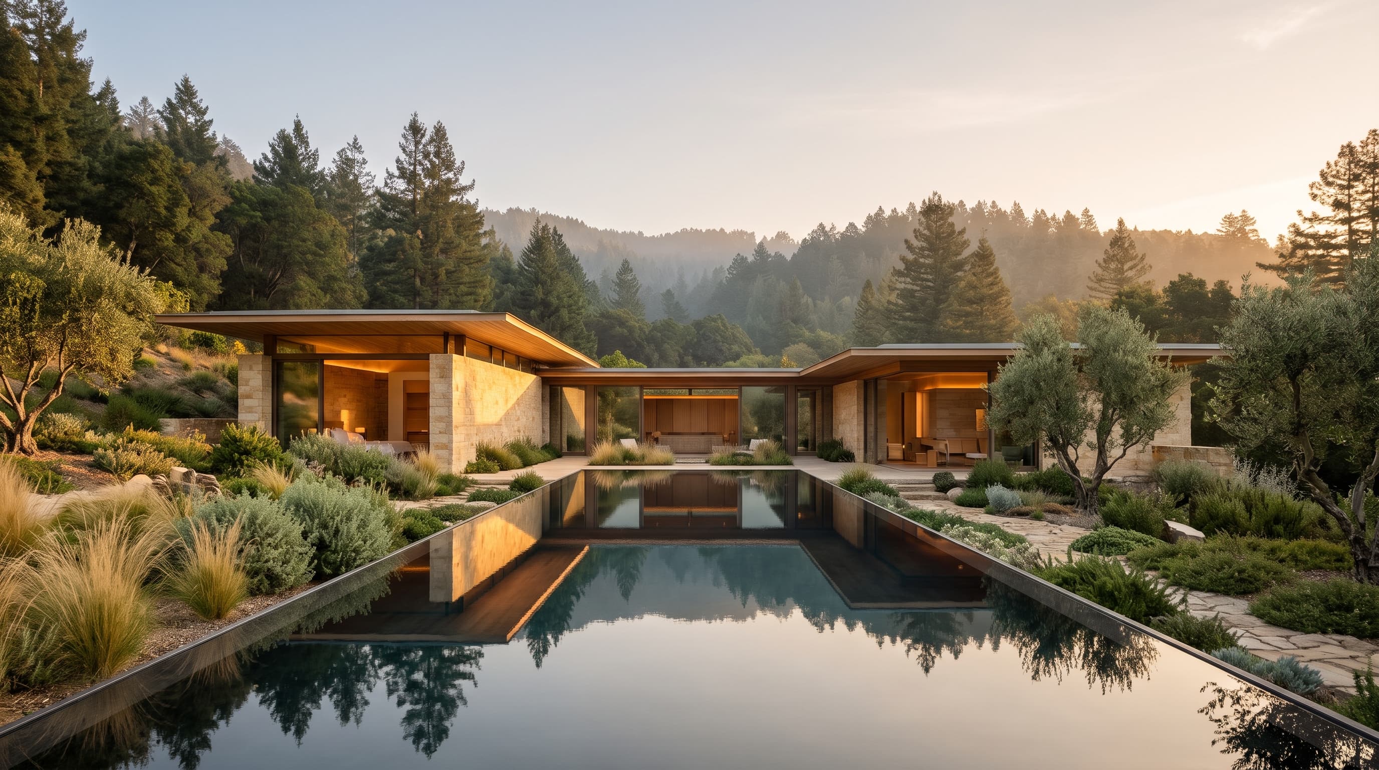 A low stone and glass retreat in a wooded valley at golden hour, mirrored in a long reflecting pool