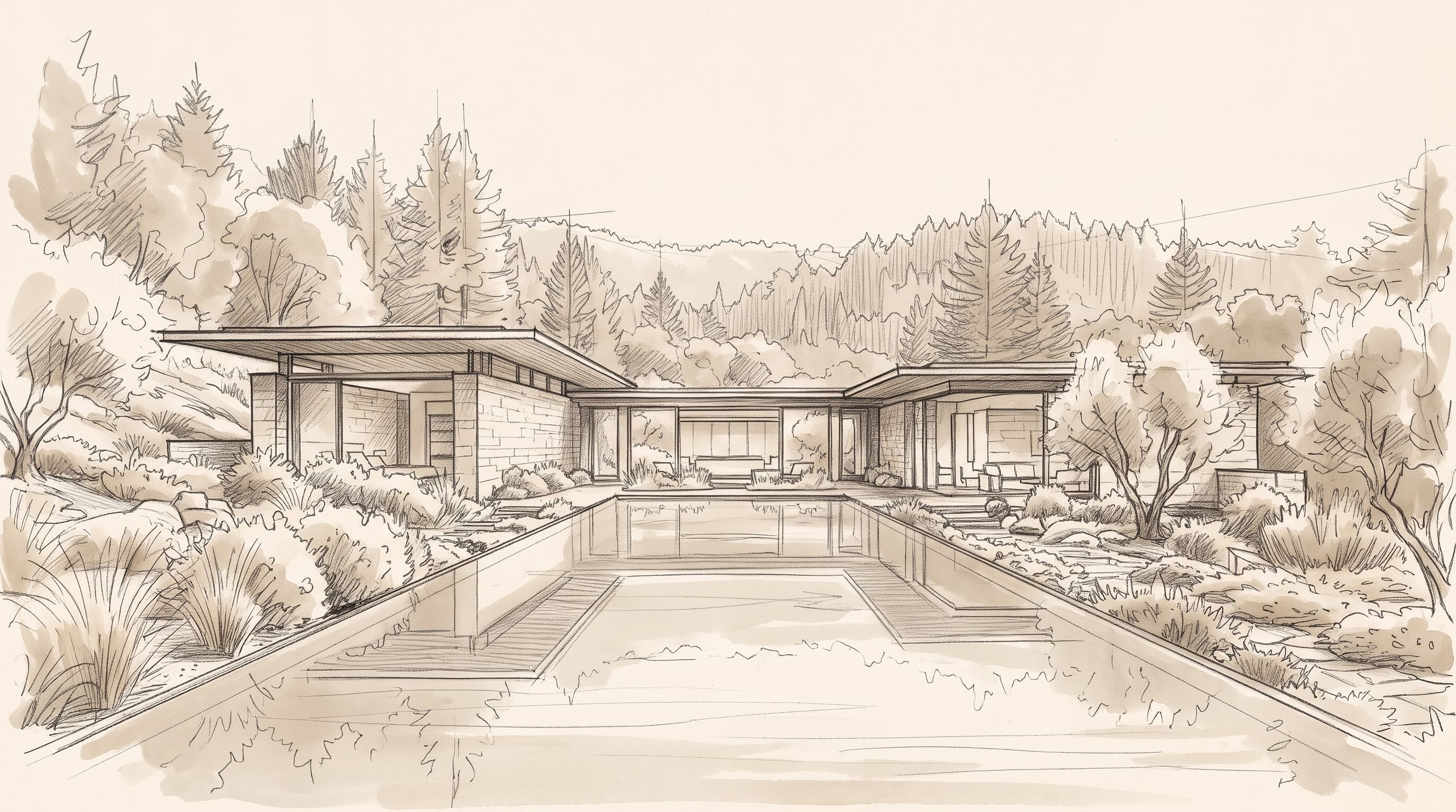 Graphite concept sketch of stone pavilions beside a long reflecting pool