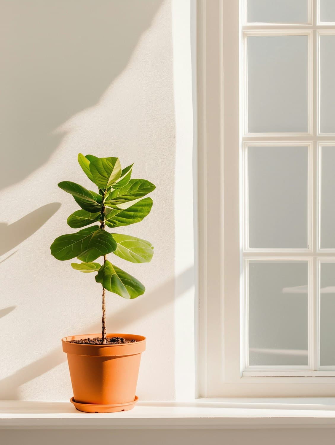 Green plant in a terracotta pot on a sunlit windowsill