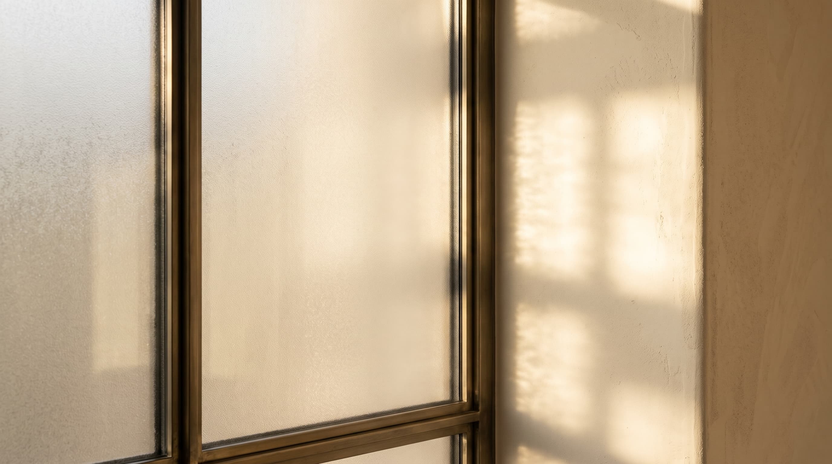 Textured glass in a slim bronze frame with warm sunlight on a plaster wall