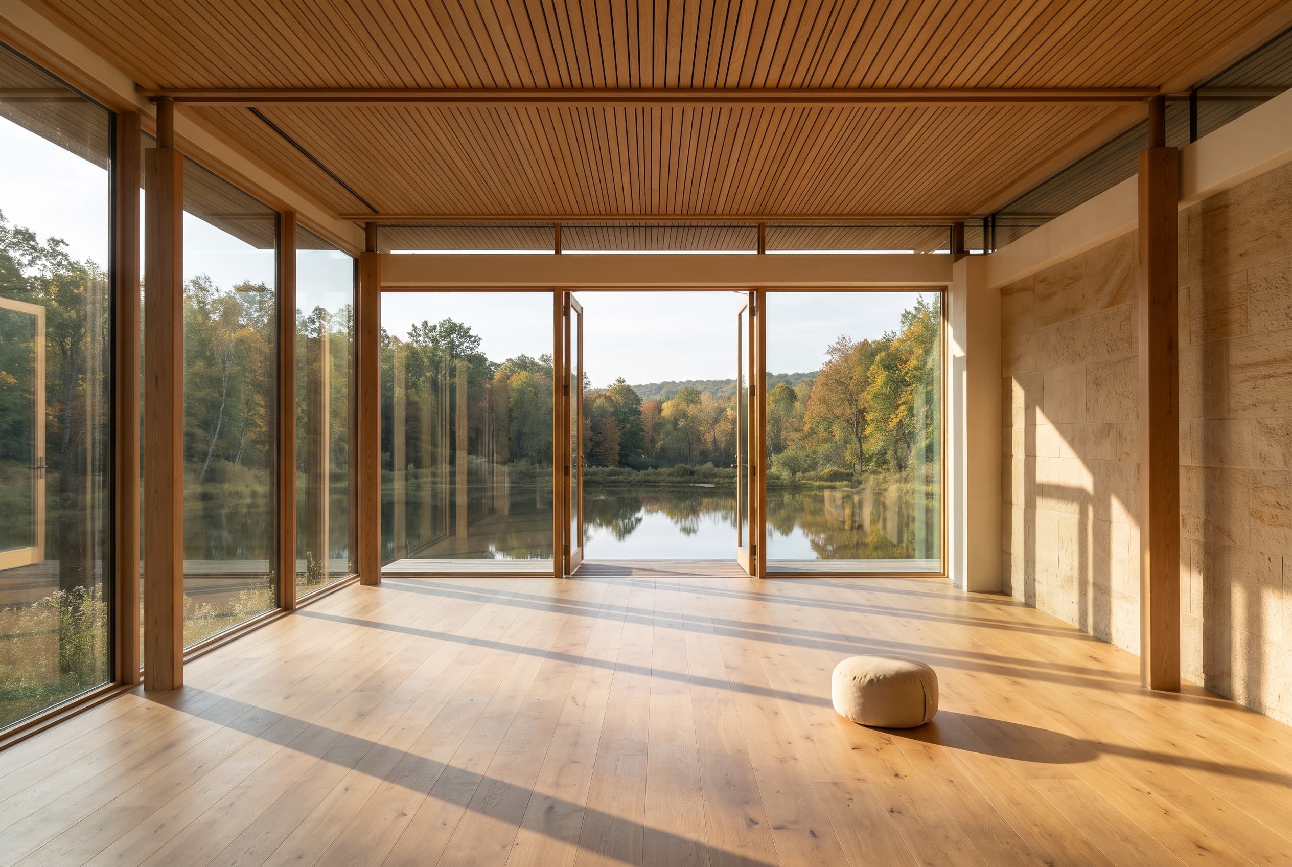 Timber meditation pavilion with an oak floor and a full glass wall facing a pond and an autumn forest