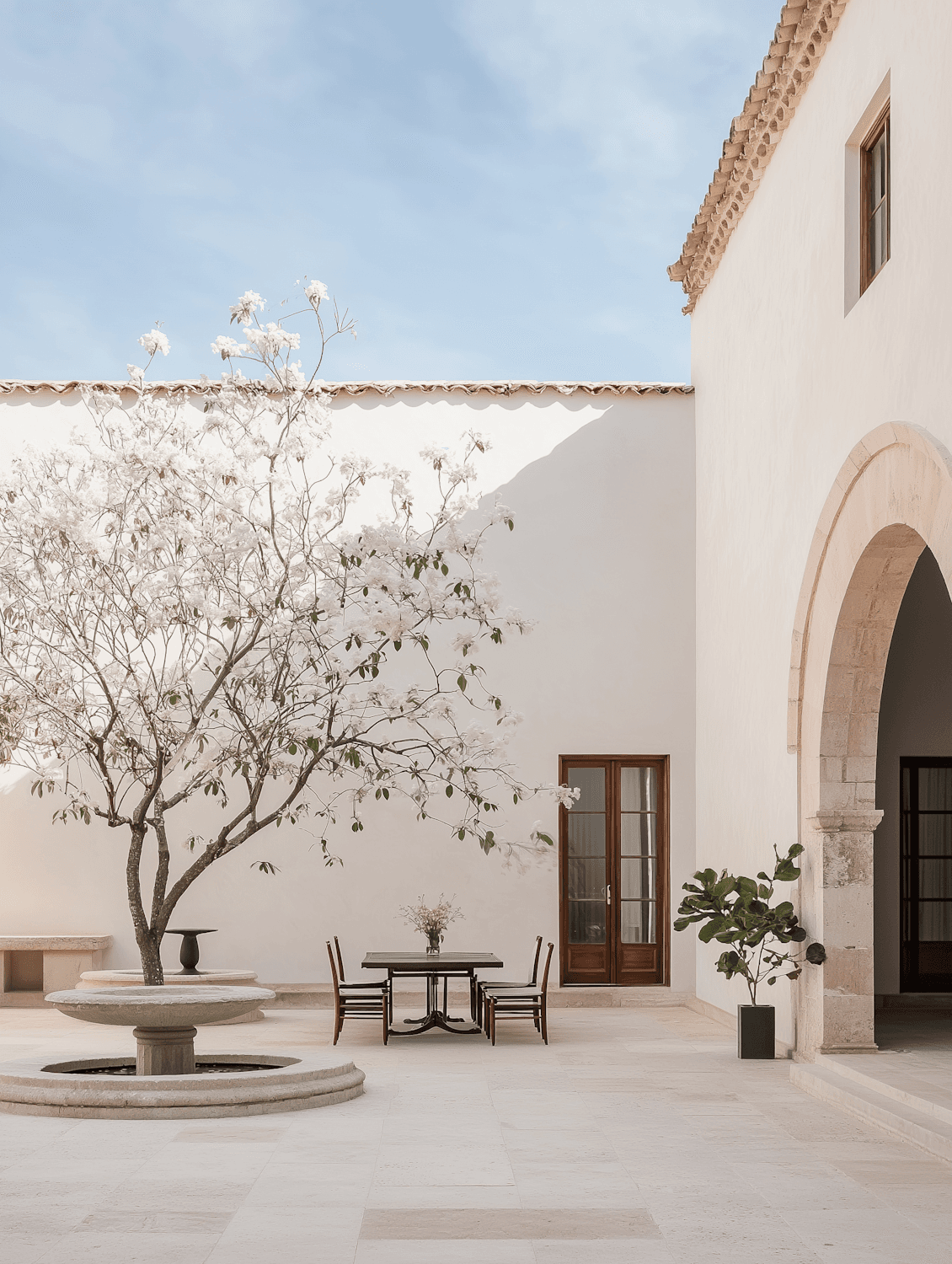 A quiet courtyard with a flowering tree, stone paving and arched walls under a clear sky