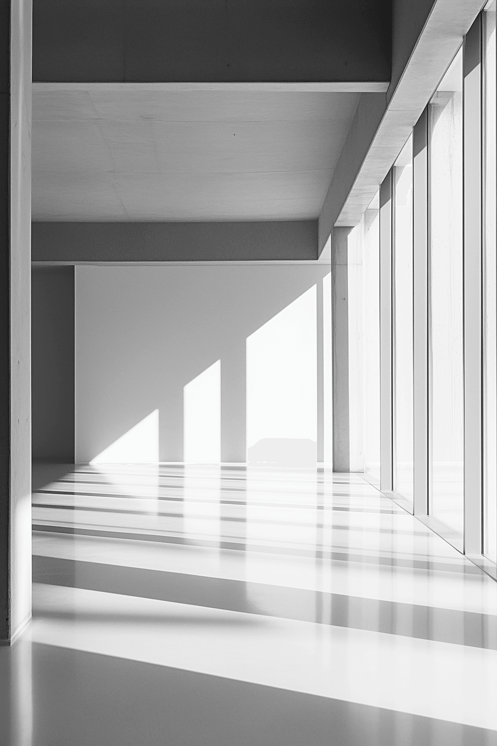 Tall windows casting long bands of sunlight across a minimal interior