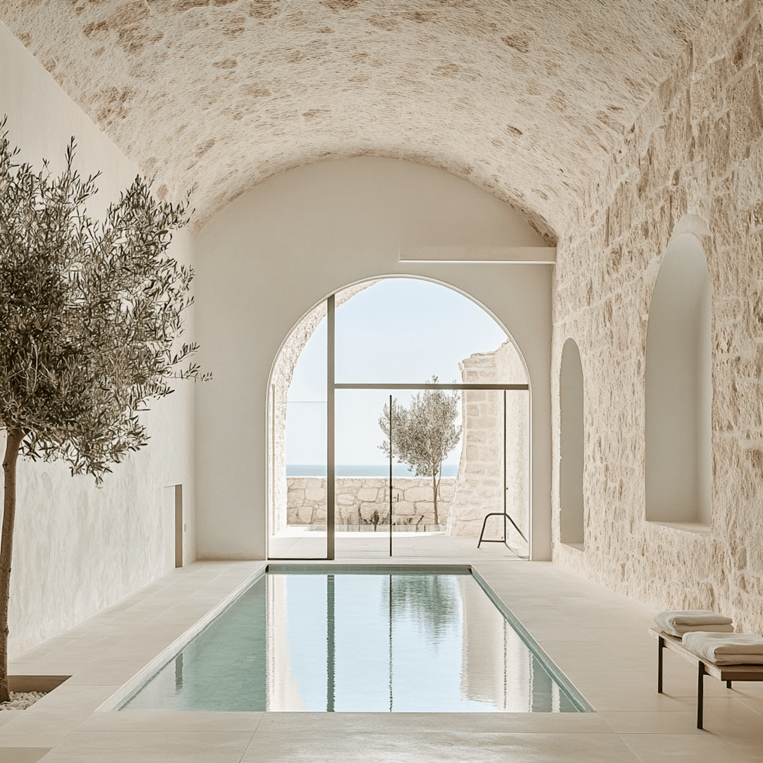 An indoor pool between arched stone walls, lit by soft natural light