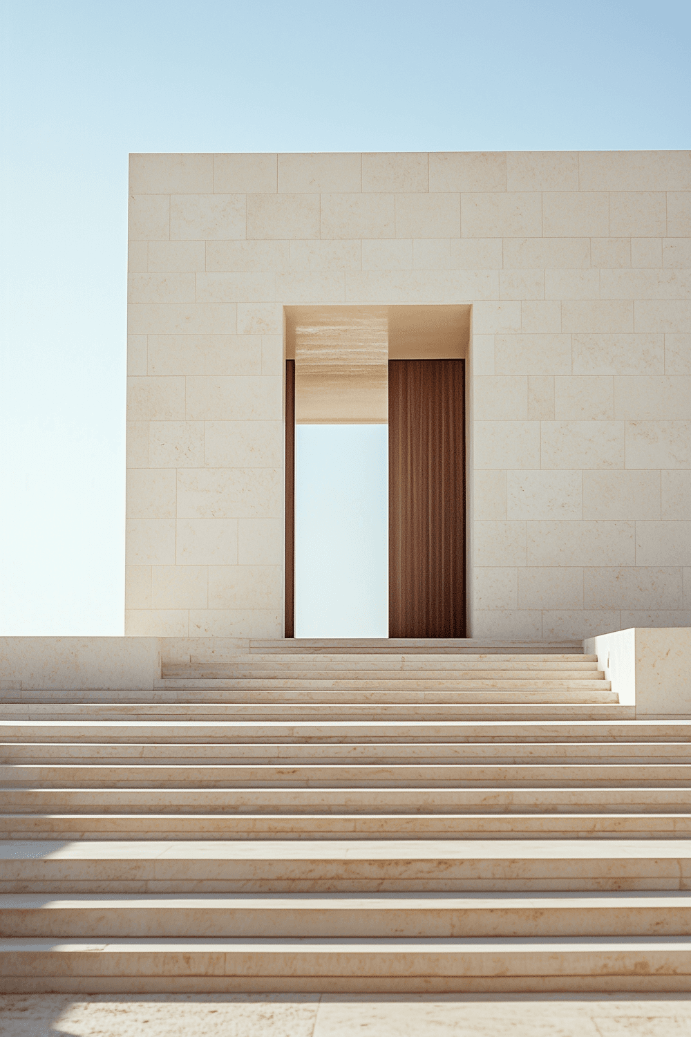 Wide stone steps leading up to a timber door set in pale stone walls